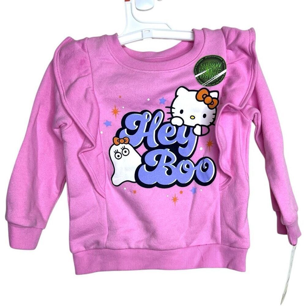 NEW Hello Kitty “Hey Boo” Glow in the Dark Pink Ruffle Sweatshirt 3T Begonia Pin